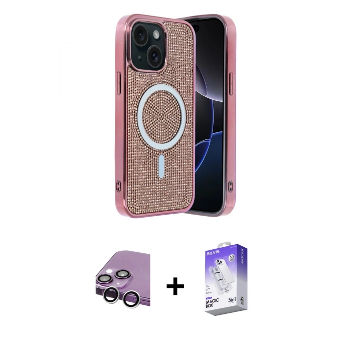 MARSİLYAN™- iPhone 14 Kılıf Eksen Çizgi - Siyah Bilvis 5in1 3D Magic Cam Ekran Koruyucu + Raze Metal Kamera Lens - GS