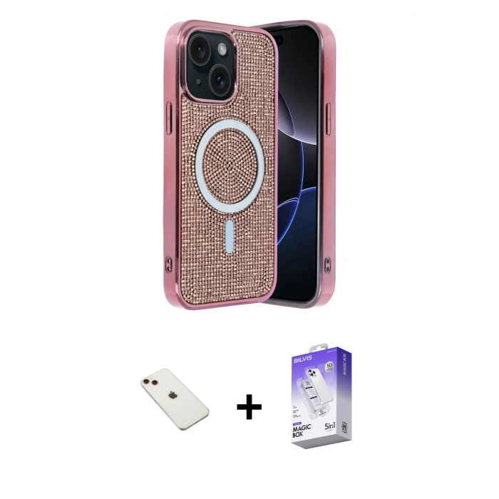 MARSİLYAN™- iPhone 14 Kılıf Eksen Çizgi - Siyah Bilvis 5in1 3D Magic Cam Ekran Koruyucu + Diamond Kamera Lens - KI