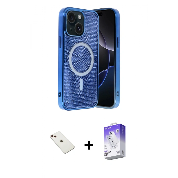 MARSİLYAN™- iPhone 14 Kılıf Eksen Çizgi - Siyah Bilvis 5in1 3D Magic Cam Ekran Koruyucu + Diamond Kamera Lens - KI