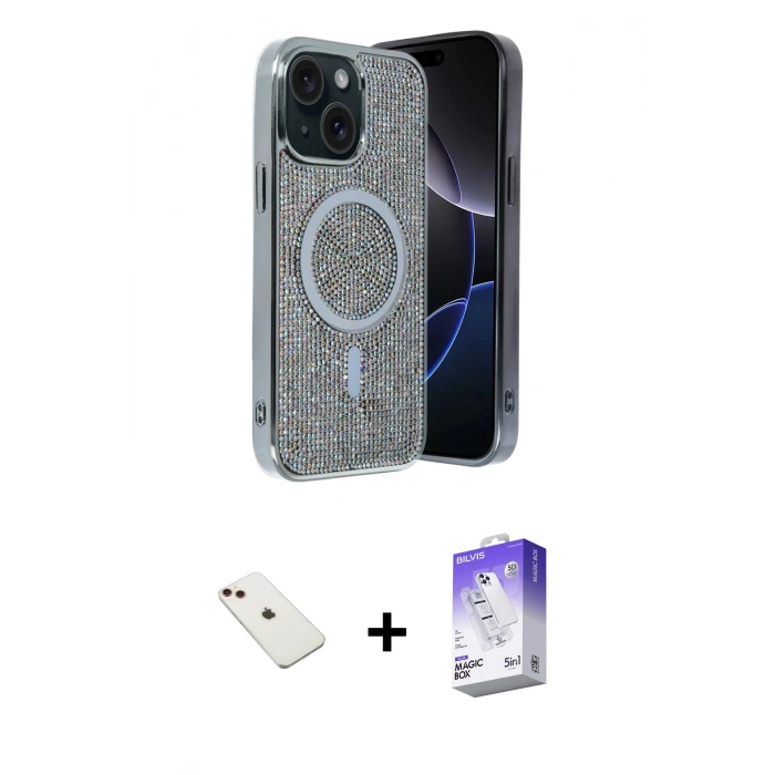MARSİLYAN™- iPhone 14 Kılıf Eksen Çizgi - Siyah Bilvis 5in1 3D Magic Cam Ekran Koruyucu + Diamond Kamera Lens - KI