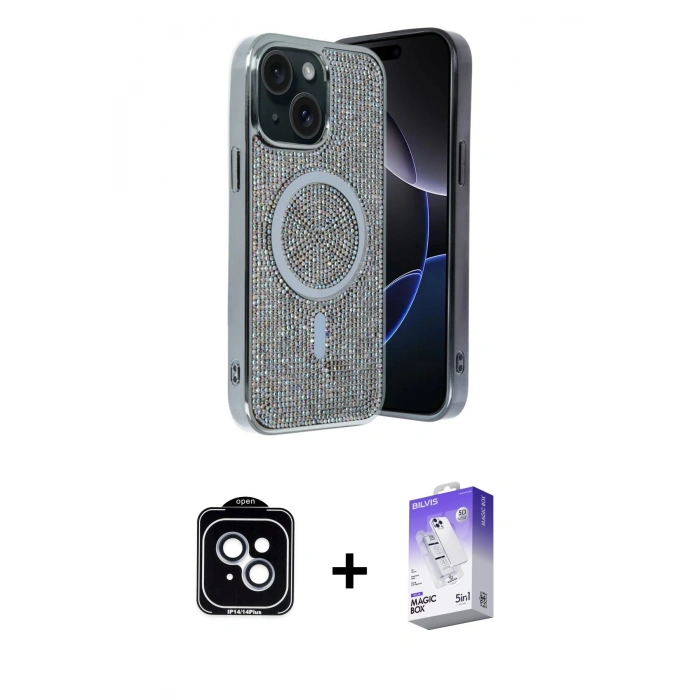 MARSİLYAN™- iPhone 14 Kılıf Eksen Çizgi - Siyah Bilvis 5in1 3D Magic Cam Ekran Koruyucu + Mavi PVD Metal Kamera Lens