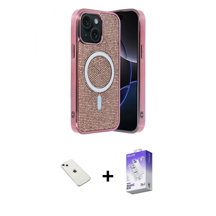MARSİLYAN™- iPhone 14 Kılıf Eksen Çizgi - Siyah Bilvis 5in1 3D Magic Cam Ekran Koruyucu + Diamond Kamera Lens - PE