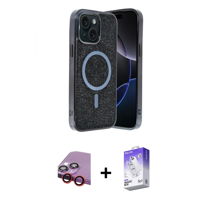 MARSİLYAN™- iPhone 14 Kılıf Eksen Çizgi - Siyah Bilvis 5in1 3D Magic Cam Ekran Koruyucu + Raze Metal Kamera Lens - KI