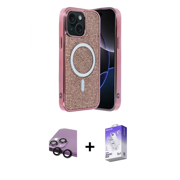 MARSİLYAN™- iPhone 14 Kılıf Eksen Çizgi - Siyah Bilvis 5in1 3D Magic Cam Ekran Koruyucu + Raze Metal Kamera Lens - SH