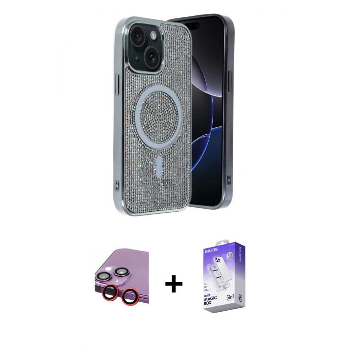 MARSİLYAN™- iPhone 14 Kılıf Eksen Çizgi - Siyah Bilvis 5in1 3D Magic Cam Ekran Koruyucu + Raze Metal Kamera Lens - KI