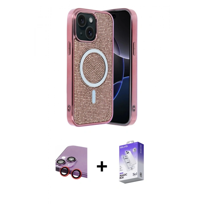 MARSİLYAN™- iPhone 14 Kılıf Eksen Çizgi - Siyah Bilvis 5in1 3D Magic Cam Ekran Koruyucu + Raze Metal Kamera Lens - KI