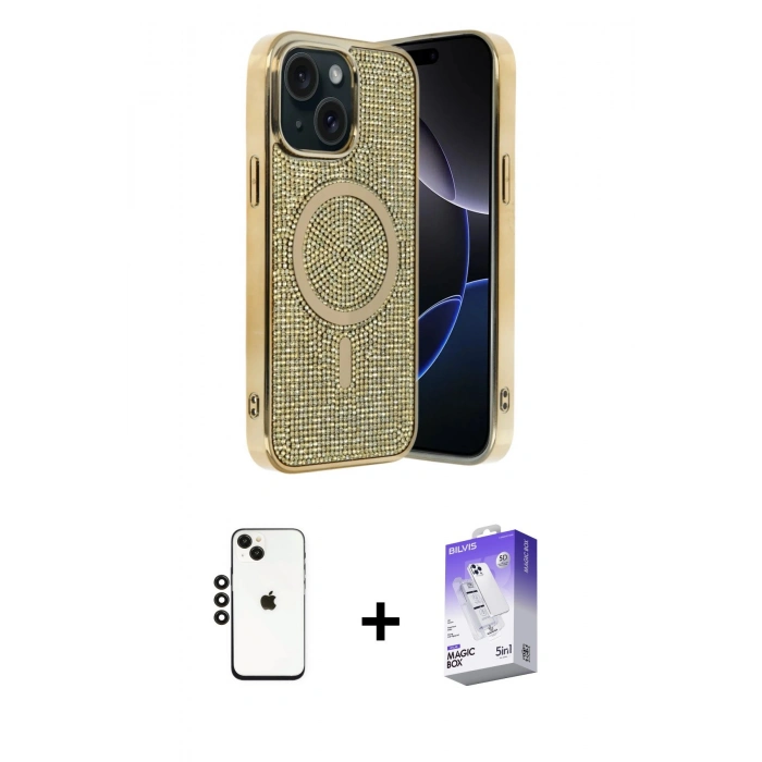MARSİLYAN™- iPhone 14 Kılıf Eksen Çizgi - Siyah Bilvis 5in1 3D Magic Cam Ekran Koruyucu + Shine Kamera Lens - SH