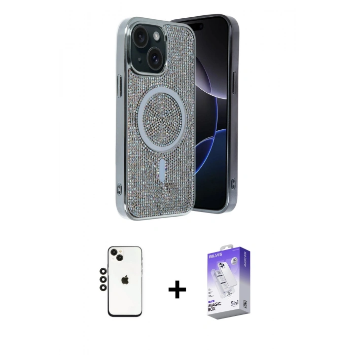 MARSİLYAN™- iPhone 14 Kılıf Eksen Çizgi - Siyah Bilvis 5in1 3D Magic Cam Ekran Koruyucu + Shine Kamera Lens - SH