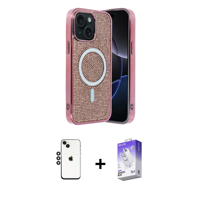 MARSİLYAN™- iPhone 14 Kılıf Eksen Çizgi - Siyah Bilvis 5in1 3D Magic Cam Ekran Koruyucu + Shine Kamera Lens - SH