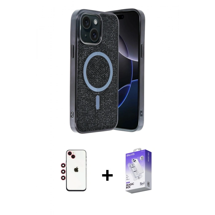 MARSİLYAN™- iPhone 14 Kılıf Eksen Çizgi - Siyah Bilvis 5in1 3D Magic Cam Ekran Koruyucu + Shine Kamera Lens - KI