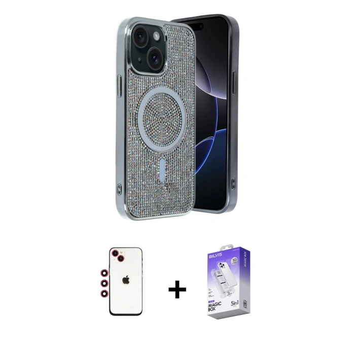 MARSİLYAN™- iPhone 14 Kılıf Eksen Çizgi - Siyah Bilvis 5in1 3D Magic Cam Ekran Koruyucu + Shine Kamera Lens - KI