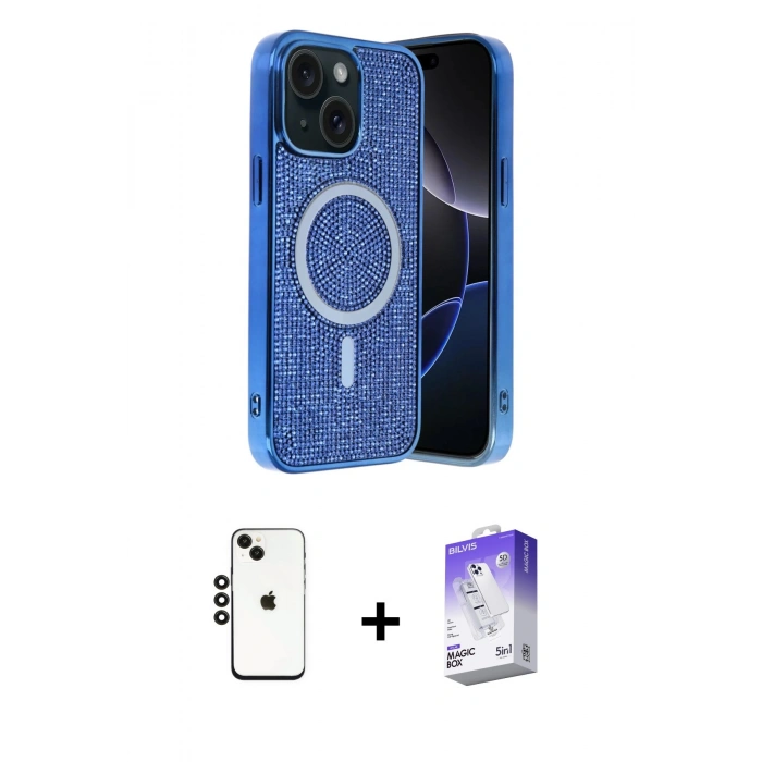 MARSİLYAN™- iPhone 14 Kılıf Eksen Çizgi - Siyah Bilvis 5in1 3D Magic Cam Ekran Koruyucu + Shine Kamera Lens - SH