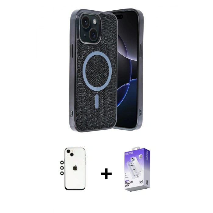 MARSİLYAN™- iPhone 14 Kılıf Eksen Çizgi - Siyah Bilvis 5in1 3D Magic Cam Ekran Koruyucu + Shine Kamera Lens - GS