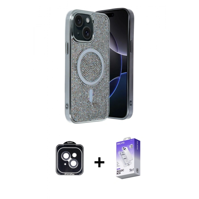 MARSİLYAN™- iPhone 14 Kılıf Eksen Çizgi - Siyah Bilvis 5in1 3D Magic Cam Ekran Koruyucu + PVD Metal Kamera Lens - SH