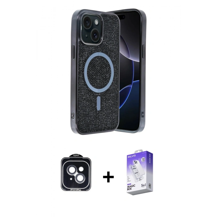 MARSİLYAN™- iPhone 14 Kılıf Eksen Çizgi - Siyah Bilvis 5in1 3D Magic Cam Ekran Koruyucu + PVD Metal Kamera Lens - SH