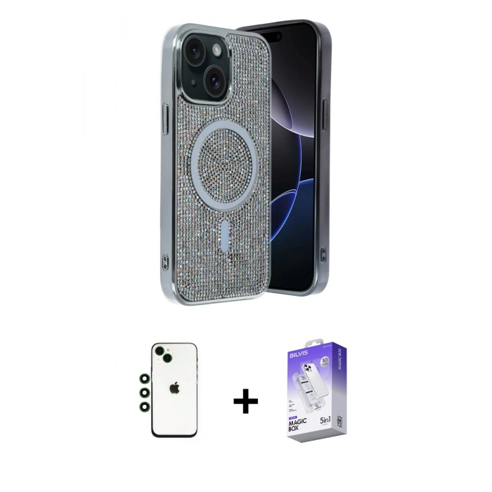 MARSİLYAN™- iPhone 14 Kılıf Eksen Çizgi - Siyah Bilvis 5in1 3D Magic Cam Ekran Koruyucu + Shine Kamera Lens - YL