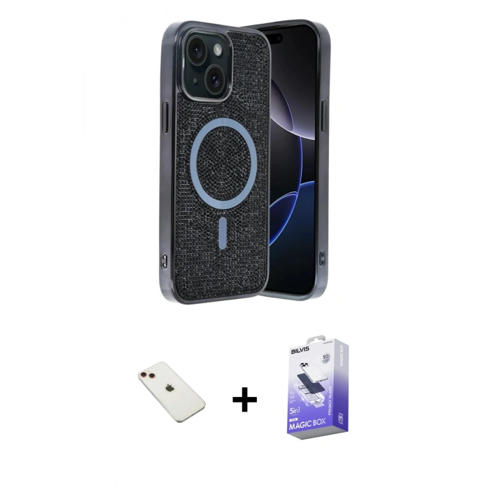 MARSİLYAN™- iPhone 14 Kılıf Eksen Çizgi - Siyah Bilvis 5in1 5D Magic Hayalet Cam Ekran Koruyucu + Diamond Kamera Lens - KI