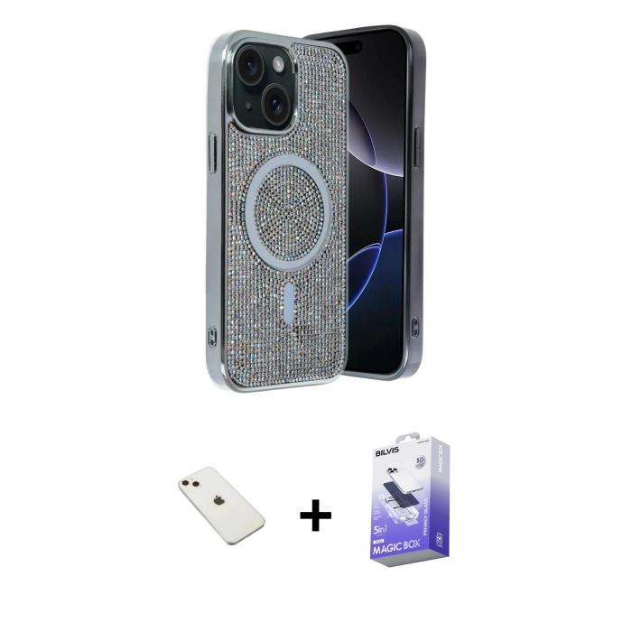 MARSİLYAN™- iPhone 14 Kılıf Eksen Çizgi - Siyah Bilvis 5in1 5D Magic Hayalet Cam Ekran Koruyucu + Diamond Kamera Lens - PE