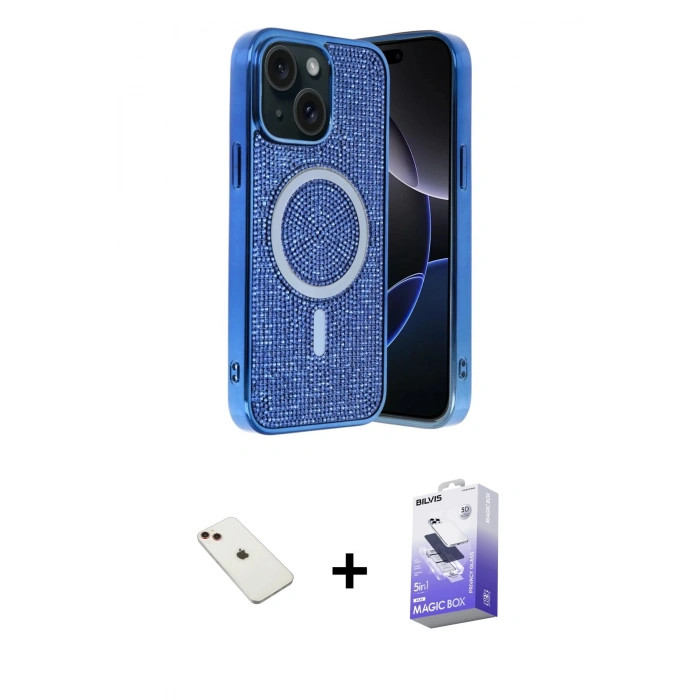 MARSİLYAN™- iPhone 14 Kılıf Eksen Çizgi - Siyah Bilvis 5in1 5D Magic Hayalet Cam Ekran Koruyucu + Diamond Kamera Lens - KI
