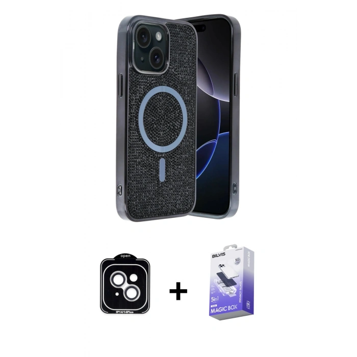 MARSİLYAN™- iPhone 14 Kılıf Eksen Çizgi - Siyah Bilvis 5in1 5D Magic Hayalet Cam Ekran Koruyucu + PVD Metal Kamera Lens - GS
