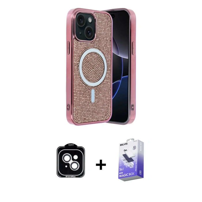 MARSİLYAN™- iPhone 14 Kılıf Eksen Çizgi - Siyah Bilvis 5in1 5D Magic Hayalet Cam Ekran Koruyucu + PVD Metal Kamera Lens - GS