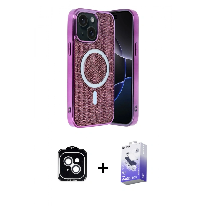 MARSİLYAN™- iPhone 14 Kılıf Eksen Çizgi - Siyah Bilvis 5in1 5D Magic Hayalet Cam Ekran Koruyucu + PVD Metal Kamera Lens - GS