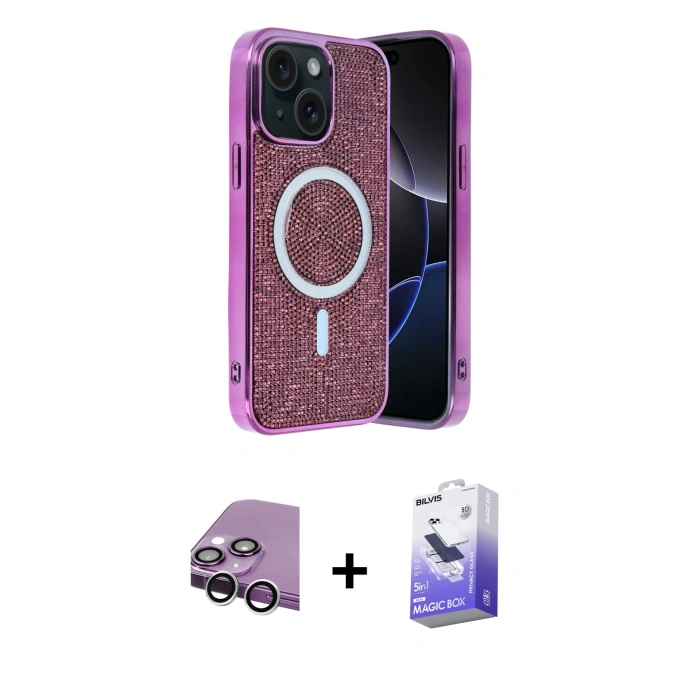 MARSİLYAN™- iPhone 14 Kılıf Eksen Çizgi - Siyah Bilvis 5in1 5D Magic Hayalet Cam Ekran Koruyucu + Raze Metal Kamera Lens - GS