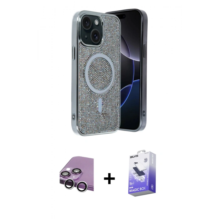 MARSİLYAN™- iPhone 14 Kılıf Eksen Çizgi - Siyah Bilvis 5in1 5D Magic Hayalet Cam Ekran Koruyucu + Raze Metal Kamera Lens - GS