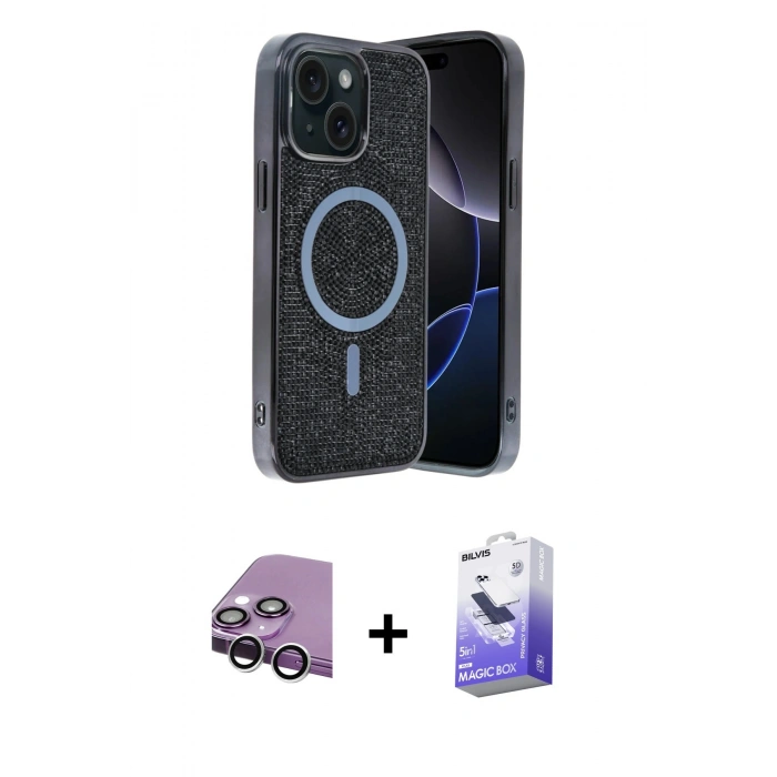 MARSİLYAN™- iPhone 14 Kılıf Eksen Çizgi - Siyah Bilvis 5in1 5D Magic Hayalet Cam Ekran Koruyucu + Raze Metal Kamera Lens - GS