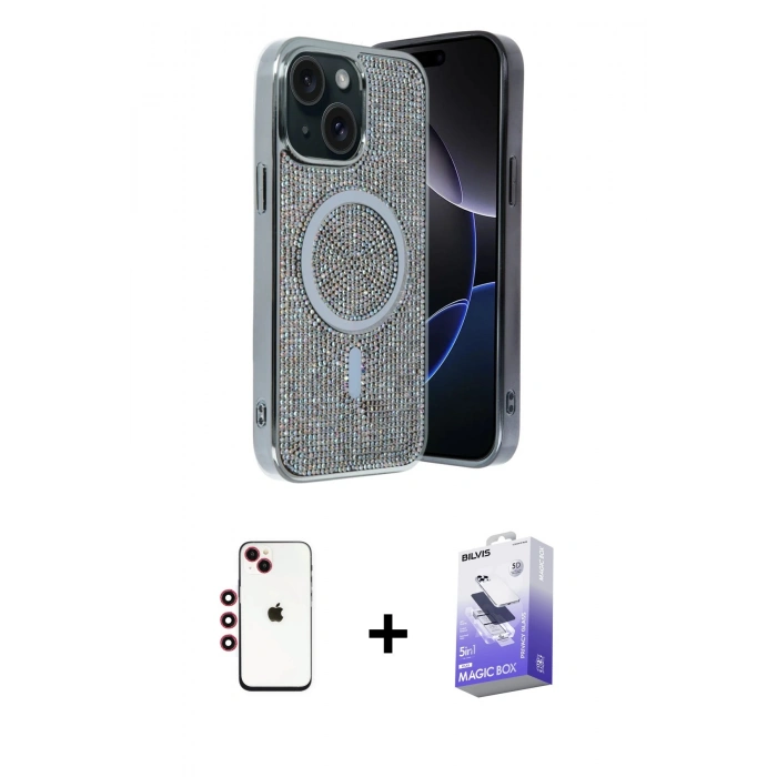 MARSİLYAN™- iPhone 14 Kılıf Eksen Çizgi - Siyah Bilvis 5in1 5D Magic Hayalet Cam Ekran Koruyucu + Shine Kamera Lens - KI