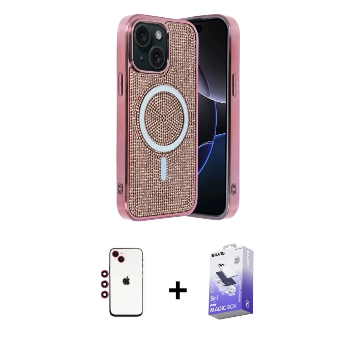 MARSİLYAN™- iPhone 14 Kılıf Eksen Çizgi - Siyah Bilvis 5in1 5D Magic Hayalet Cam Ekran Koruyucu + Shine Kamera Lens - KI