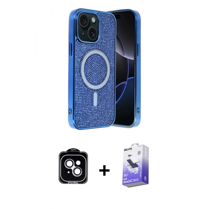 MARSİLYAN™- iPhone 14 Kılıf Eksen Çizgi - Siyah Bilvis 5in1 5D Magic Hayalet Cam Ekran Koruyucu + PVD Metal Kamera Lens - MI