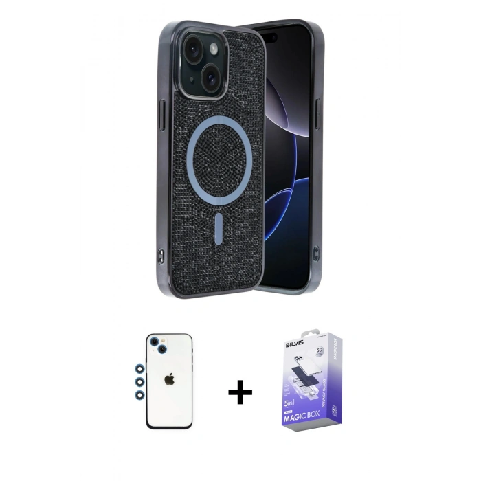MARSİLYAN™- iPhone 14 Kılıf Eksen Çizgi - Siyah Bilvis 5in1 5D Magic Hayalet Cam Ekran Koruyucu + Shine Kamera Lens - MI
