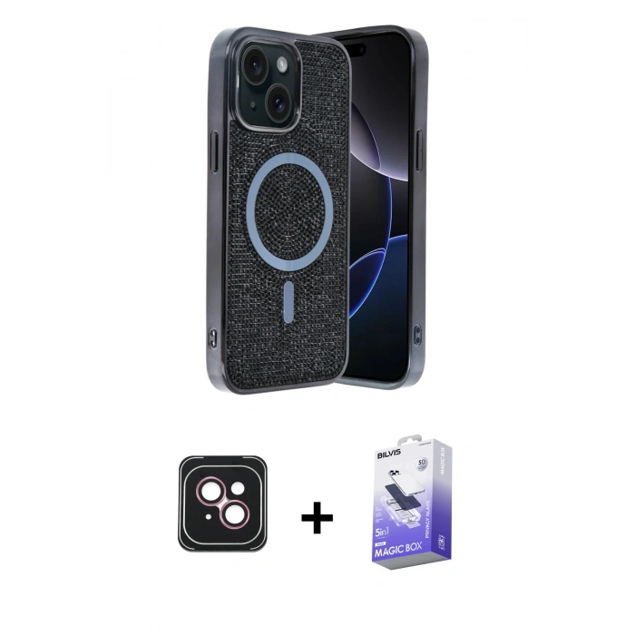MARSİLYAN™- iPhone 14 Kılıf Eksen Çizgi - Siyah Bilvis 5in1 5D Magic Hayalet Cam Ekran Koruyucu + PVD Metal Kamera Lens - PE