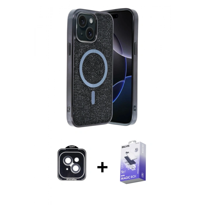 MARSİLYAN™- iPhone 14 Kılıf Eksen Çizgi - Siyah Bilvis 5in1 5D Magic Hayalet Cam Ekran Koruyucu + PVD Metal Kamera Lens - SH