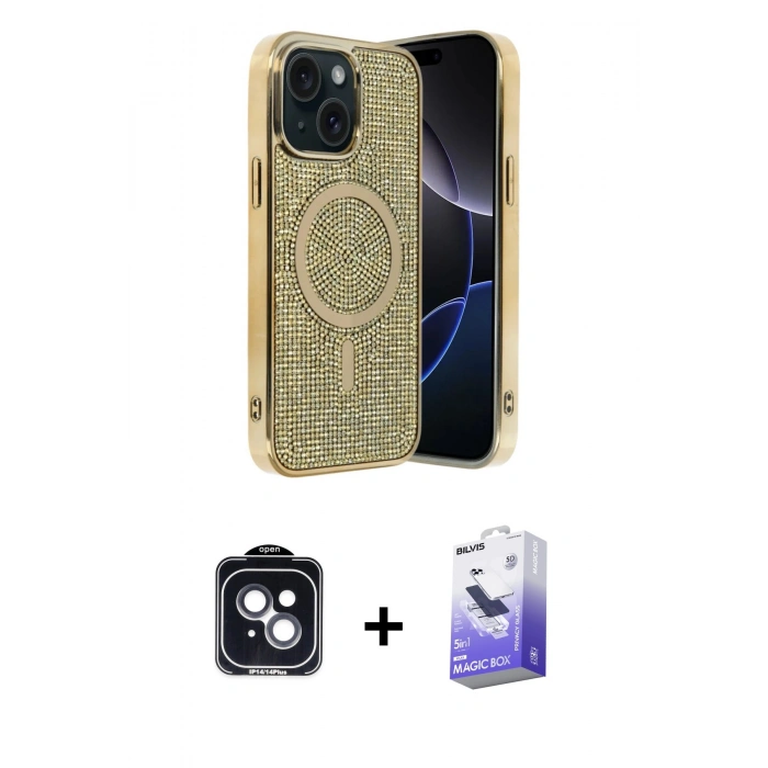 MARSİLYAN™- iPhone 14 Kılıf Eksen Çizgi - Siyah Bilvis 5in1 5D Magic Hayalet Cam Ekran Koruyucu + PVD Metal Kamera Lens - SH