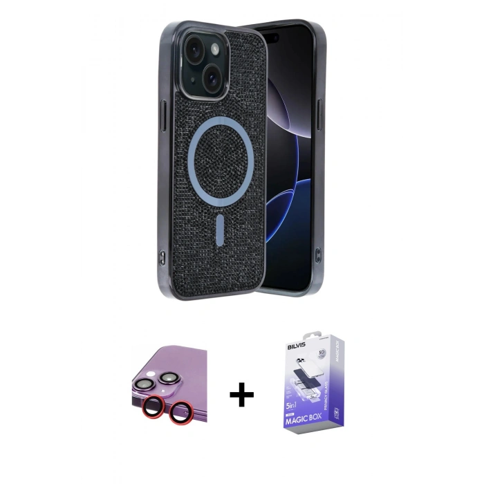 MARSİLYAN™- iPhone 14 Kılıf Eksen Çizgi - Siyah Bilvis 5in1 5D Magic Hayalet Cam Ekran Koruyucu + Raze Metal Kamera Lens - KI