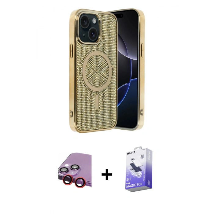 MARSİLYAN™- iPhone 14 Kılıf Eksen Çizgi - Siyah Bilvis 5in1 5D Magic Hayalet Cam Ekran Koruyucu + Raze Metal Kamera Lens - KI