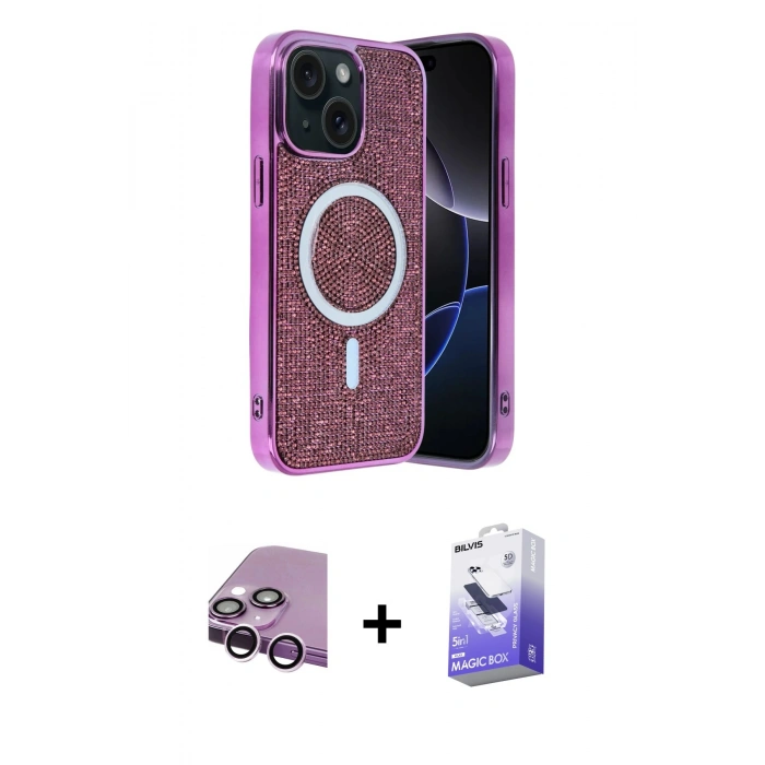 MARSİLYAN™- iPhone 14 Kılıf Eksen Çizgi - Siyah Bilvis 5in1 5D Magic Hayalet Cam Ekran Koruyucu + Raze Metal Kamera Lens - MR