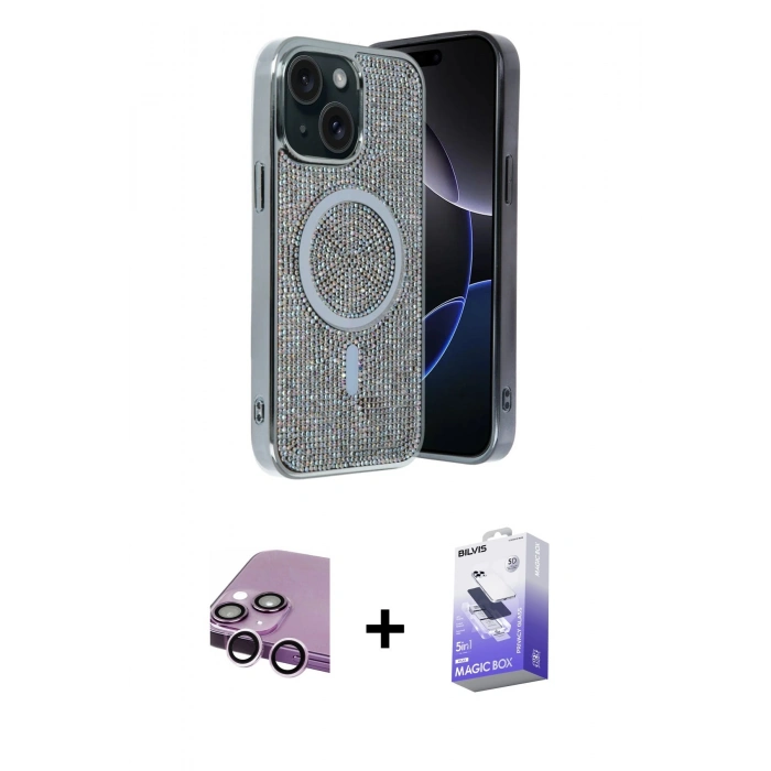 MARSİLYAN™- iPhone 14 Kılıf Eksen Çizgi - Siyah Bilvis 5in1 5D Magic Hayalet Cam Ekran Koruyucu + Raze Metal Kamera Lens - MR