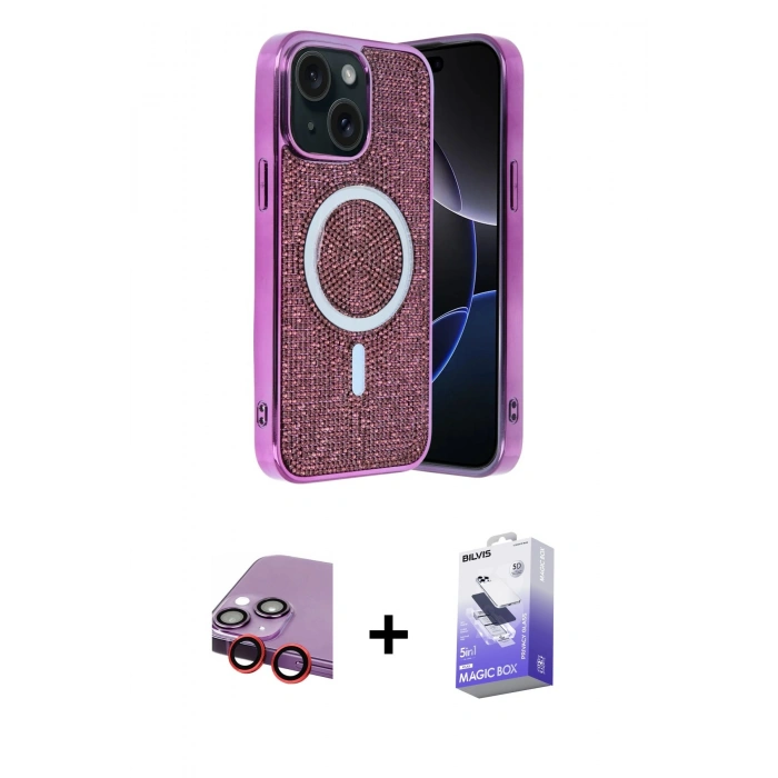 MARSİLYAN™- iPhone 14 Kılıf Eksen Çizgi - Siyah Bilvis 5in1 5D Magic Hayalet Cam Ekran Koruyucu + Raze Metal Kamera Lens - KI