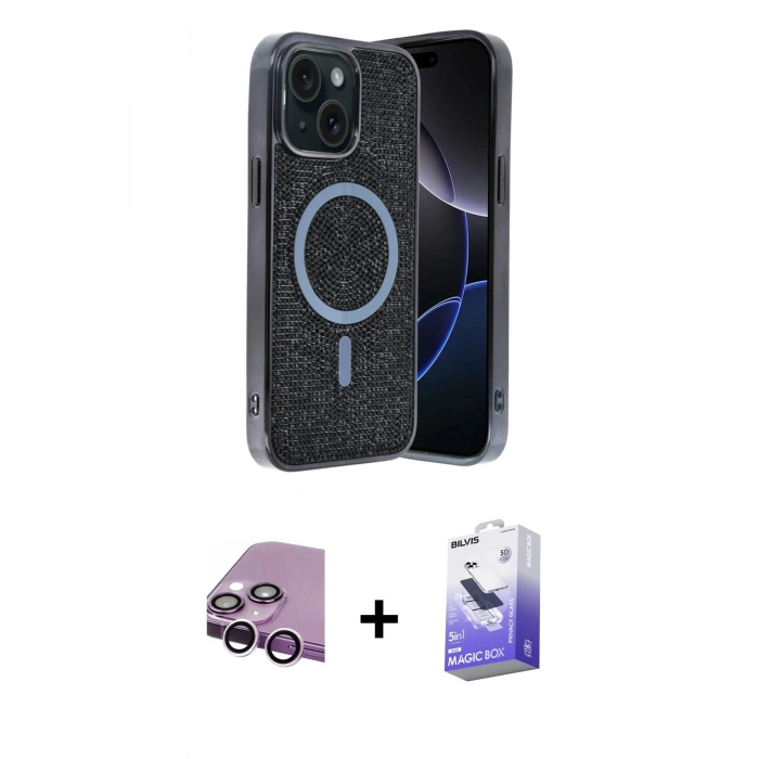 MARSİLYAN™- iPhone 14 Kılıf Eksen Çizgi - Siyah Bilvis 5in1 5D Magic Hayalet Cam Ekran Koruyucu + Raze Metal Kamera Lens - MR