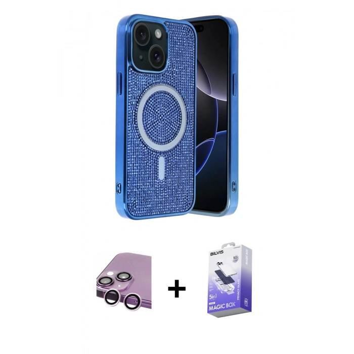 MARSİLYAN™- iPhone 14 Kılıf Eksen Çizgi - Siyah Bilvis 5in1 5D Magic Hayalet Cam Ekran Koruyucu + Raze Metal Kamera Lens - MR