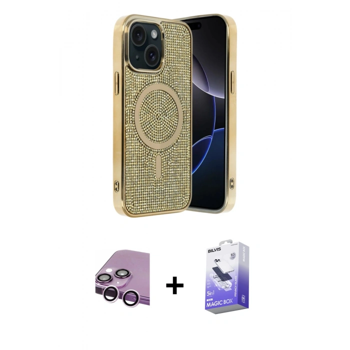 MARSİLYAN™- iPhone 14 Kılıf Eksen Çizgi - Siyah Bilvis 5in1 5D Magic Hayalet Cam Ekran Koruyucu + Raze Metal Kamera Lens - MR