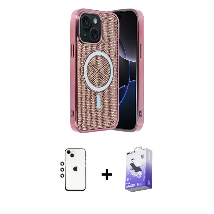 MARSİLYAN™- iPhone 14 Kılıf Eksen Çizgi - Siyah Bilvis 5in1 5D Magic Hayalet Cam Ekran Koruyucu + Shine Kamera Lens - GI