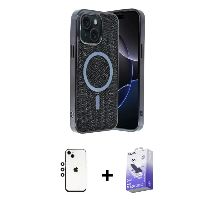 MARSİLYAN™- iPhone 14 Kılıf Eksen Çizgi - Siyah Bilvis 5in1 5D Magic Hayalet Cam Ekran Koruyucu + Shine Kamera Lens - GS