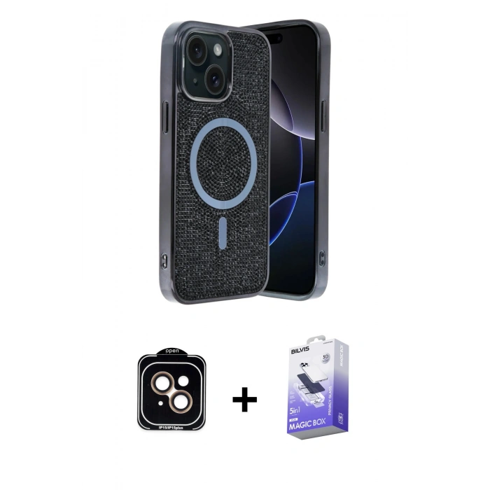 MARSİLYAN™- iPhone 14 Kılıf Eksen Çizgi - Siyah Bilvis 5in1 5D Magic Hayalet Cam Ekran Koruyucu + PVD Metal Kamera Lens - TU