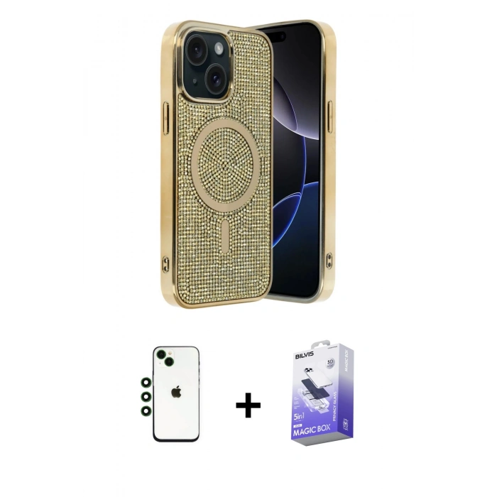 MARSİLYAN™- iPhone 14 Kılıf Eksen Çizgi - Siyah Bilvis 5in1 5D Magic Hayalet Cam Ekran Koruyucu + Shine Kamera Lens - YL