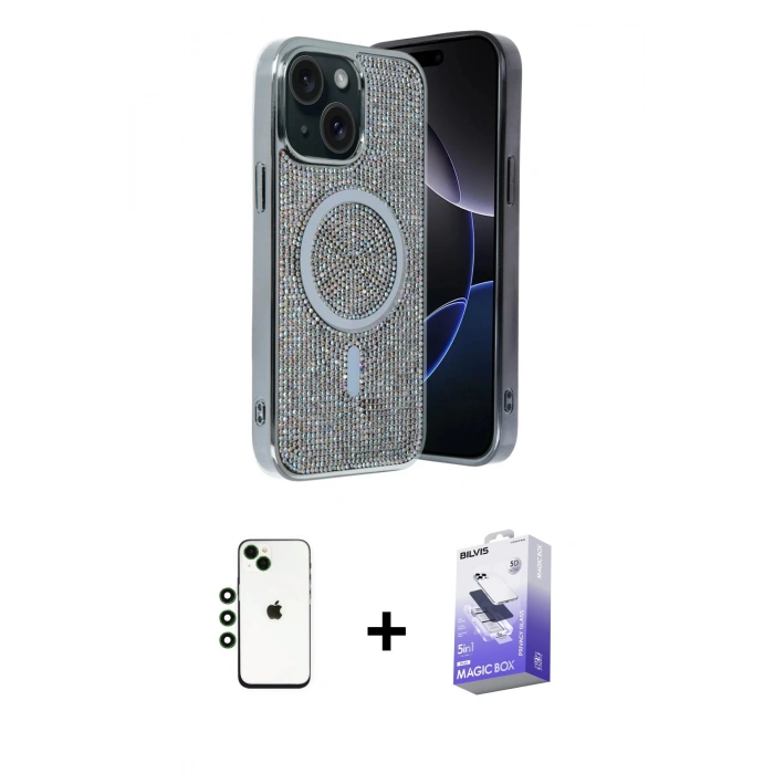 MARSİLYAN™- iPhone 14 Kılıf Eksen Çizgi - Siyah Bilvis 5in1 5D Magic Hayalet Cam Ekran Koruyucu + Shine Kamera Lens - YL