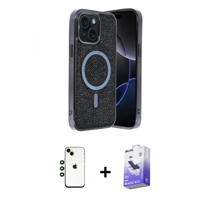 MARSİLYAN™- iPhone 14 Kılıf Eksen Çizgi - Siyah Bilvis 5in1 5D Magic Hayalet Cam Ekran Koruyucu + Shine Kamera Lens - YL